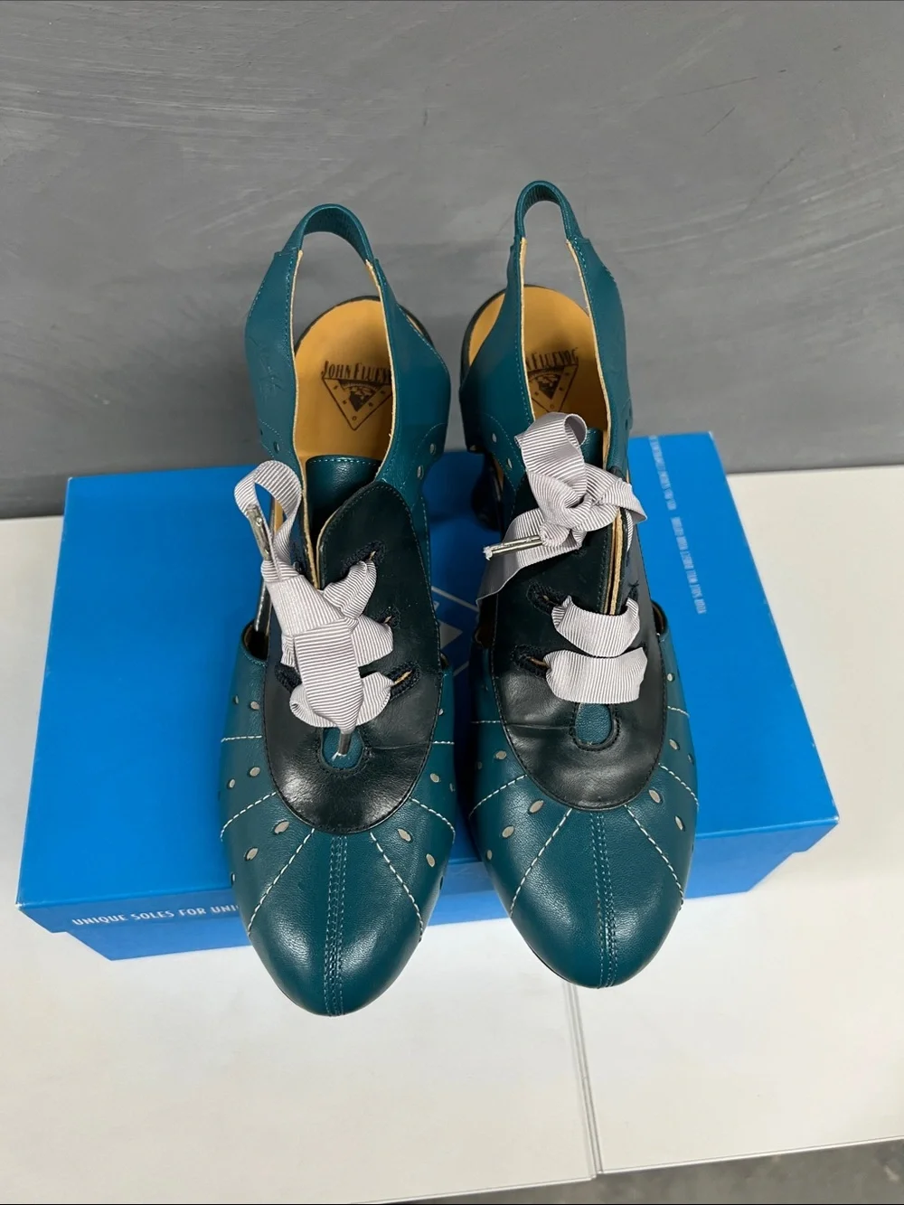 John Fluevog Teal and Black Slingback Heels with Ribbon Tie - Picture 2 of 8